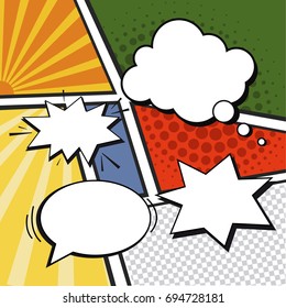 Colorful comic page template with blank white speech bubbles on bright backgrounds with rays, radial, halftone, sound, dotted effects in pop-art style. Vector illustration