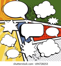 Colorful comic page template with blank white speech bubbles on bright backgrounds with rays, radial, halftone, sound, dotted effects in pop-art style. Vector illustration