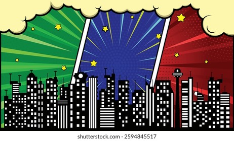Colorful comic panel background with cloud  and city skyline, cityscape.