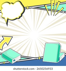 Colorful Comic Panel Template with Books and Speech Bubble – Versatile Layout for Creative Projects, Pastel Pop Art Comic Background. Blank Comic Layout and School Icons