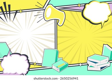 Colorful Comic Panel Template with Books and Speech Bubble – Versatile Layout for Creative Projects, Pastel Pop Art Comic Background. Blank Comic Layout and School Icons