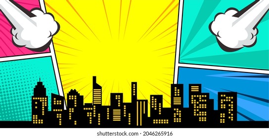 colorful Comic pop art book style background, big city skyline silhouette
