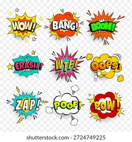 Burbujas coloridas de la explosión del arte pop del cómic con el texto del efecto de sonido para las pegatinas, los carteles, y el Diseño gráfico