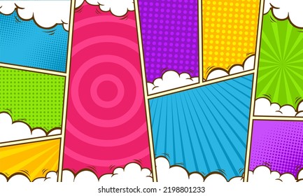 Colorful comic pop art page scene background with cloud