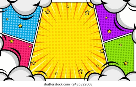 Fondo colorido de la escena del panel del arte pop del cómic con nube y estrella