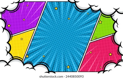 Colorful comic pop art panel background with cloud and star