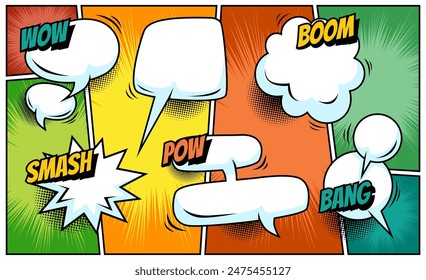 Colorful comic scene background with blank speech bubble expression