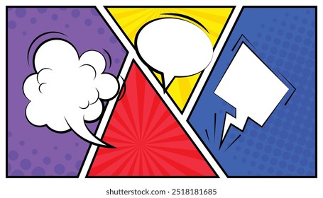 Fundo colorido da cena em quadrinhos com expressão de balão em branco. nuvens vazias de fala cômica. bolhas de diálogo de histórias em quadrinhos. fundo de pop art com balões em branco
