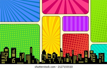 Colorful comic scene background with city silhouette