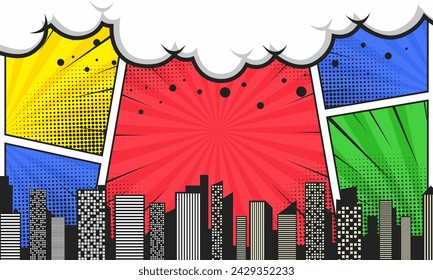 Colorful comic scene background with city silhouette