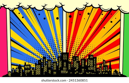 Colorful comic scene background with city silhouette