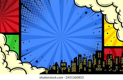 Colorful comic scene background with city silhouette