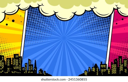 Colorful comic scene background with city silhouette