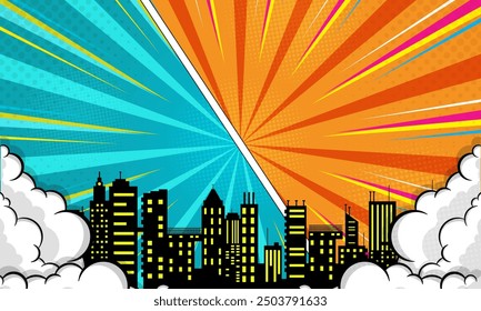 Colorful comic scene background with city silhouette