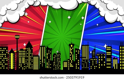 Colorful comic scene background with city silhouette