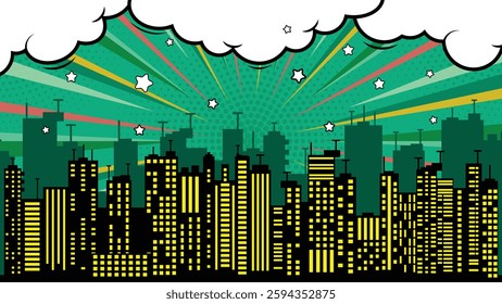 Colorful comic scene background with city silhouette, clouds and star.