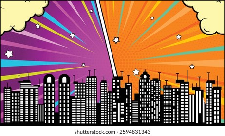Colorful comic scene background with city silhouette