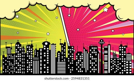 Colorful comic scene background with city silhouette and cloud.