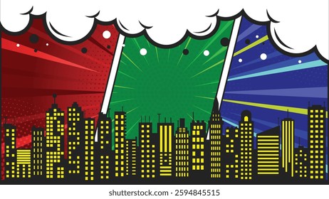 Colorful comic scene background with city silhouette