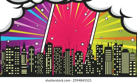 Colorful comic scene background with city silhouette