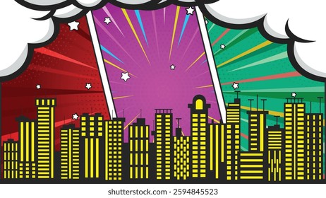 Colorful comic scene background with city silhouette