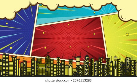 Colorful comic scene background with city silhouette