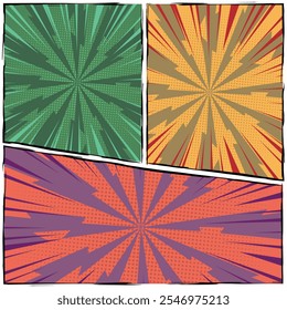 Colorful comic scene background template featuring three scenes with halftone rays and radial effects in various colors, designed in a vibrant pop-art style. Cartoon comics background with speed lines