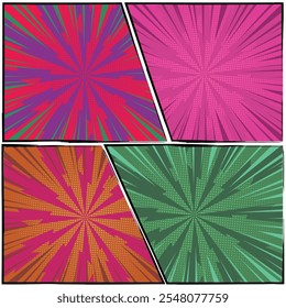 Colorful comic scene background template featuring four scenes with halftone rays and radial effects in various colors, designed in a vibrant pop-art style. Cartoon comics background with speed lines.