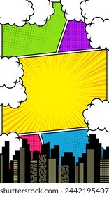 Colorful comic scene magazine with cloud and city silhouette