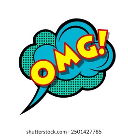 Colorful comic speech bubble is showing the expression omg with a halftone shadow