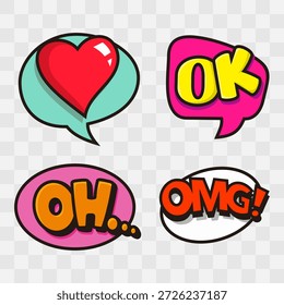 Etiquetas engomadas coloridas de la burbuja del discurso del cómic con el corazón, el texto de OK, de OH, y de OMG, estilo divertido del arte pop perfecto para el chat, los medios sociales, y el diseño.