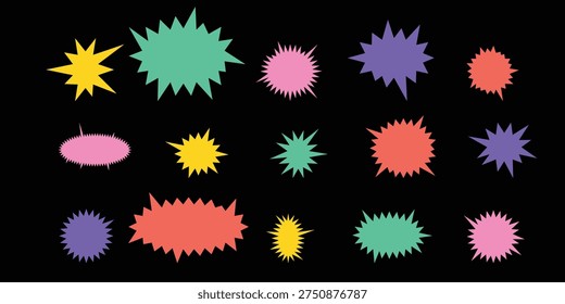 Colorful Comic Speech Bubbles and Explosive Starburst Shapes Set on Black Background
