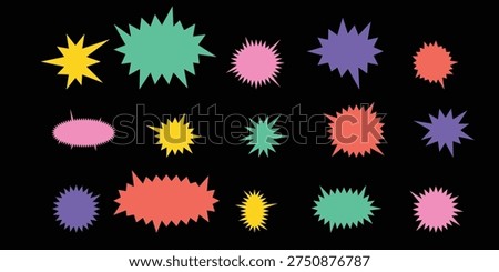 Colorful Comic Speech Bubbles and Explosive Starburst Shapes Set on Black Background