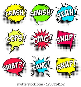 Colorful comic speech bubbles with halftone shadows and text isolated on white background. Hand drawn retro cartoon stickers. Pop art style. Vector illustration.