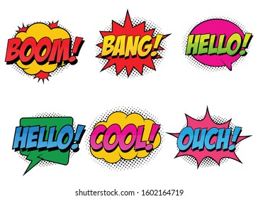 colorful comic speech bubbles set on white background. Expression text, Boom, Bang, Hello, Cool, Ouch, Vector cartoon explosions with different emotion 