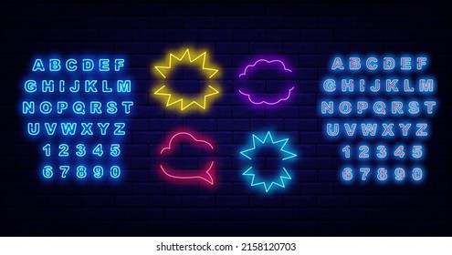 Colorful comic speech bubbles set. Explosion frames set. Copy space. Glowing blue alphabet. Pop art style. Emotion concept on brick wall. Editable stroke. Vector stock illustration