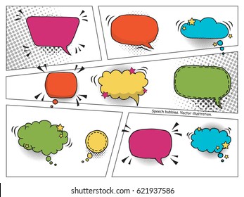 Colorful Comic Speech Bubbles vector set. Hand drawn doodle elements. Empty cartoon pop art speech bubbles