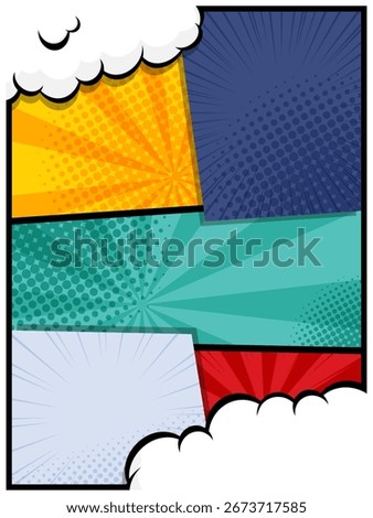 Colorful comic strip layout featuring multiple halftone backgrounds in red, yellow, green, blue, and purple. Pop art retro style template for storytelling or graphic design