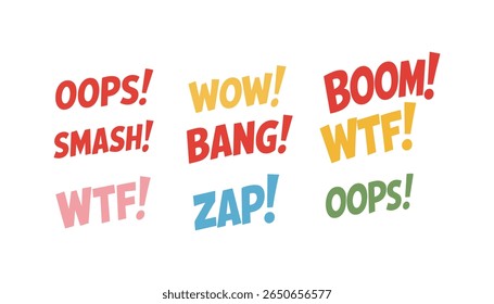 Exclamações de estilo cômico colorido e efeitos sonoros Palavras como Boom, Bang, Oops, WTF, Zap, Smash, Wow em negrito Cartoon Fontes