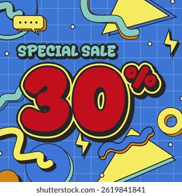Colorful Comic Style Special Sale Poster with Bold 30% Discount on Blue Background