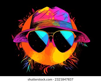 In a colorful and comical pop art style, the sun is depicted with sunglasses and a cowboy hat