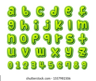 Colorful comics font, kid's alphabet in style of pop art. Multilayer funny green letters on comic book page with speech bubbles for decoration of children's illustrations, posters.