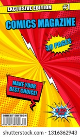 Colorful comics magazine cover concept with different wordings speech bubbles rays radial and halftone effects. Vector illustration