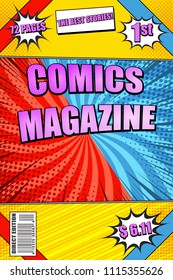 Colorful comics magazine with inscriptions speech bubbles rays radial and halftone effects in purple blue yellow red colors. Vector illustration