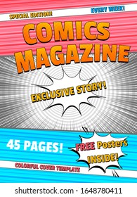 Colorful comics magazine template with white speech bubbles various wordings rays circles and slanting lines effects. Vector illustration