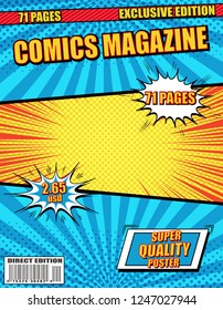 Colorful comics magazine with wordings white speech bubbles rays radial and halftone effects in blue yellow red colors. Vector illustration