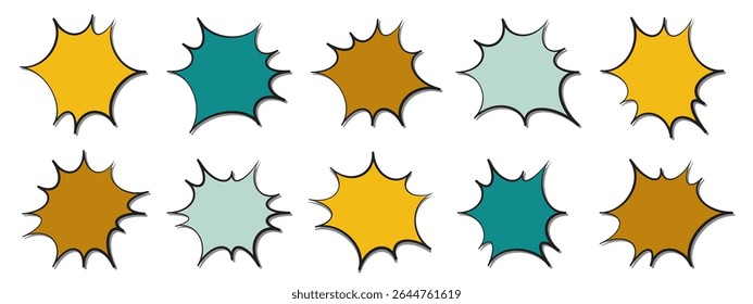 Colorful comic-style bursts arranged in two rows showcasing various shapes and shades in a playful design, irregular text box.