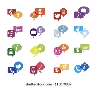 colorful communication icons, balloons text. vector illustration