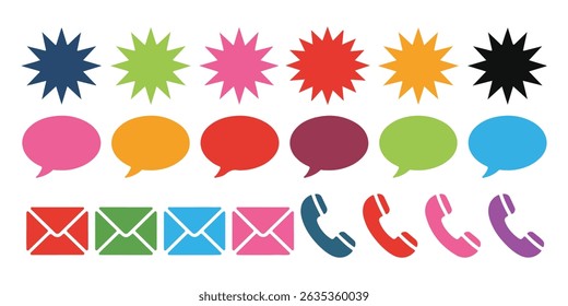 Colorful communication icons including stars speech bubbles envelopes and telephone handsets arranged in rows
