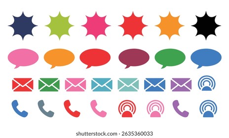 Ícones de comunicação coloridos que representam bolhas de fala e-mails, chamadas e sinais wireless